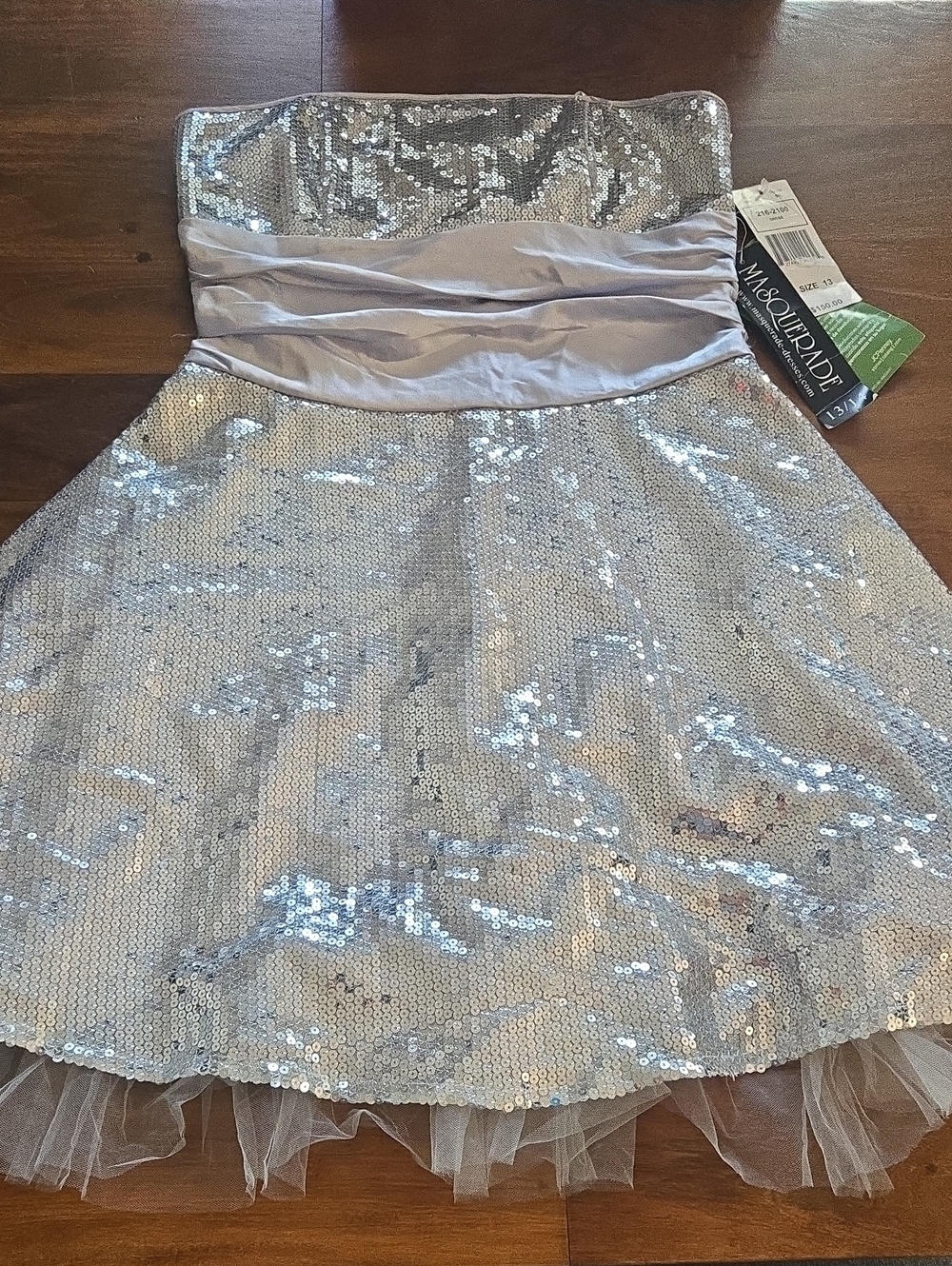 NWT Masquerade Strapless Silver Sequin Dress Size 13/14